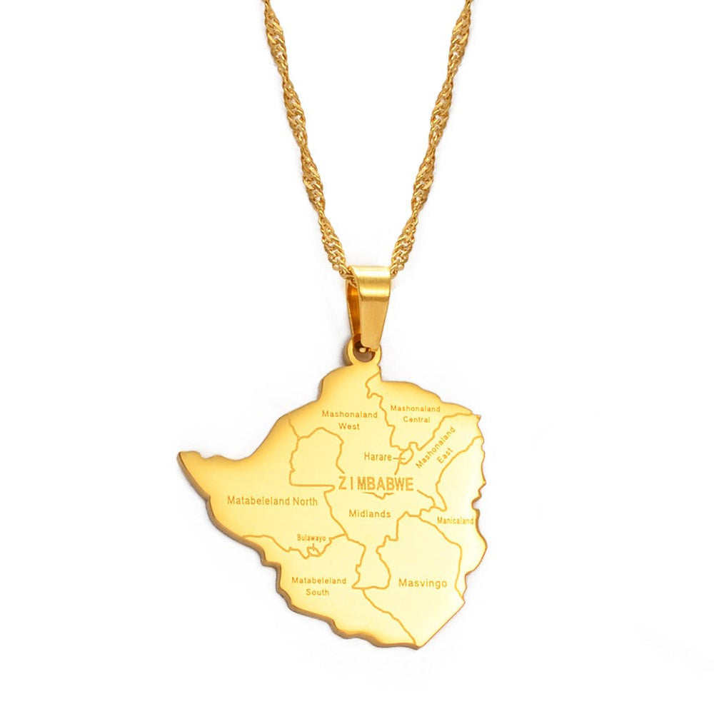 Collier carte Zimbabwe couleur or