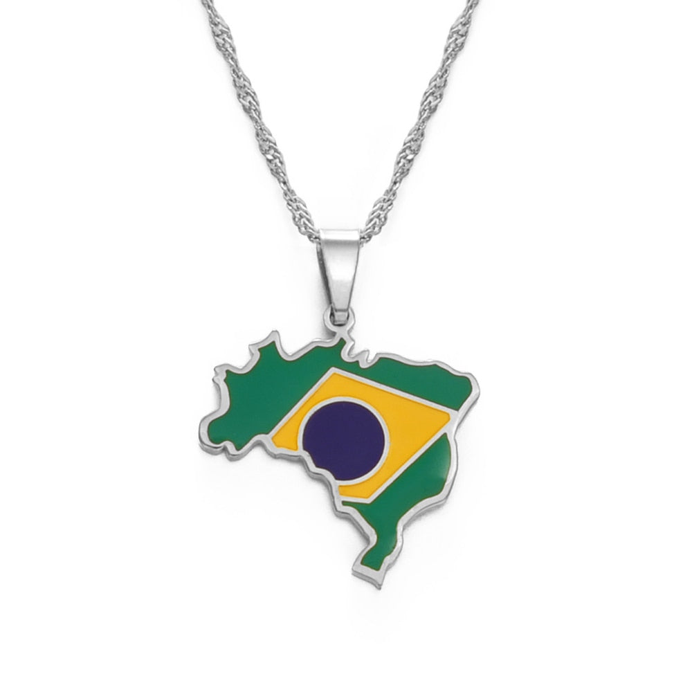Collier drapeau Brésil couleur argent